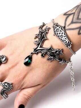 Gothic Pewter Ivy Bracelet with Emerald Teardrop Charm